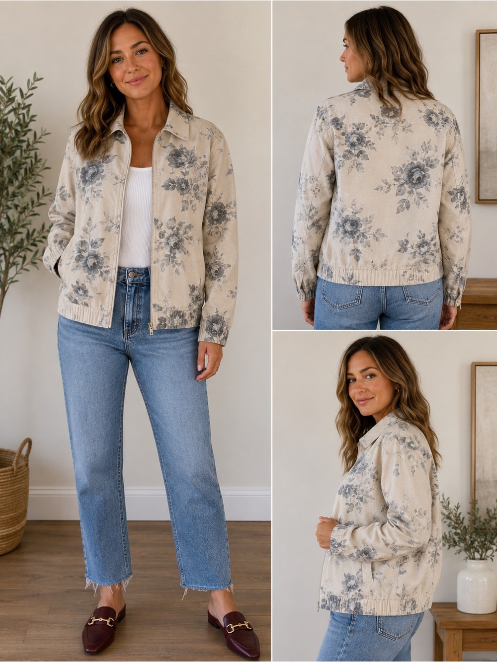 Floral Zip-Front Jean Jacket in Cream